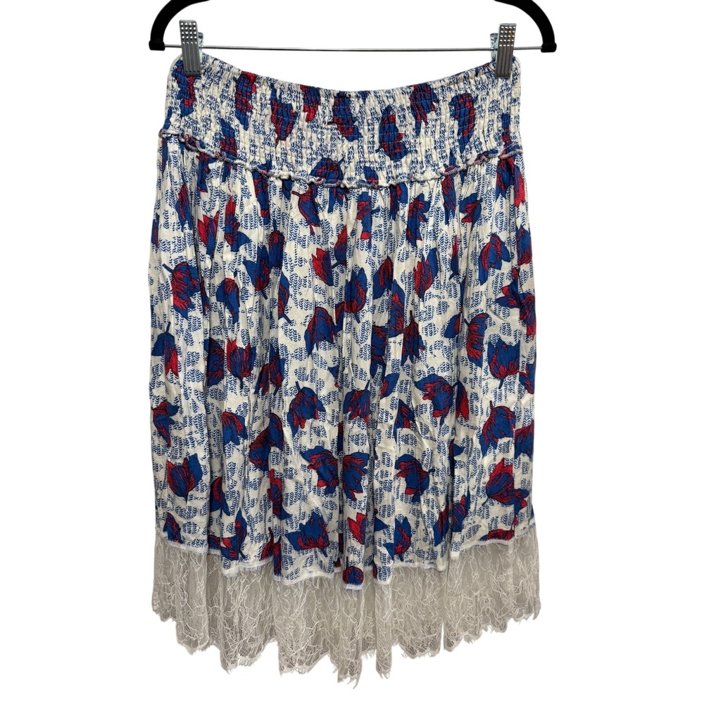 Hazel Floral Midi Skirt Womens M White Blue Red Smocked Waist Eyelash Lace Boho